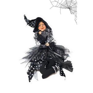 Halloween Witch 24" White Polka Dot Dress and Pointed Hat Party Decor Wreath Cen